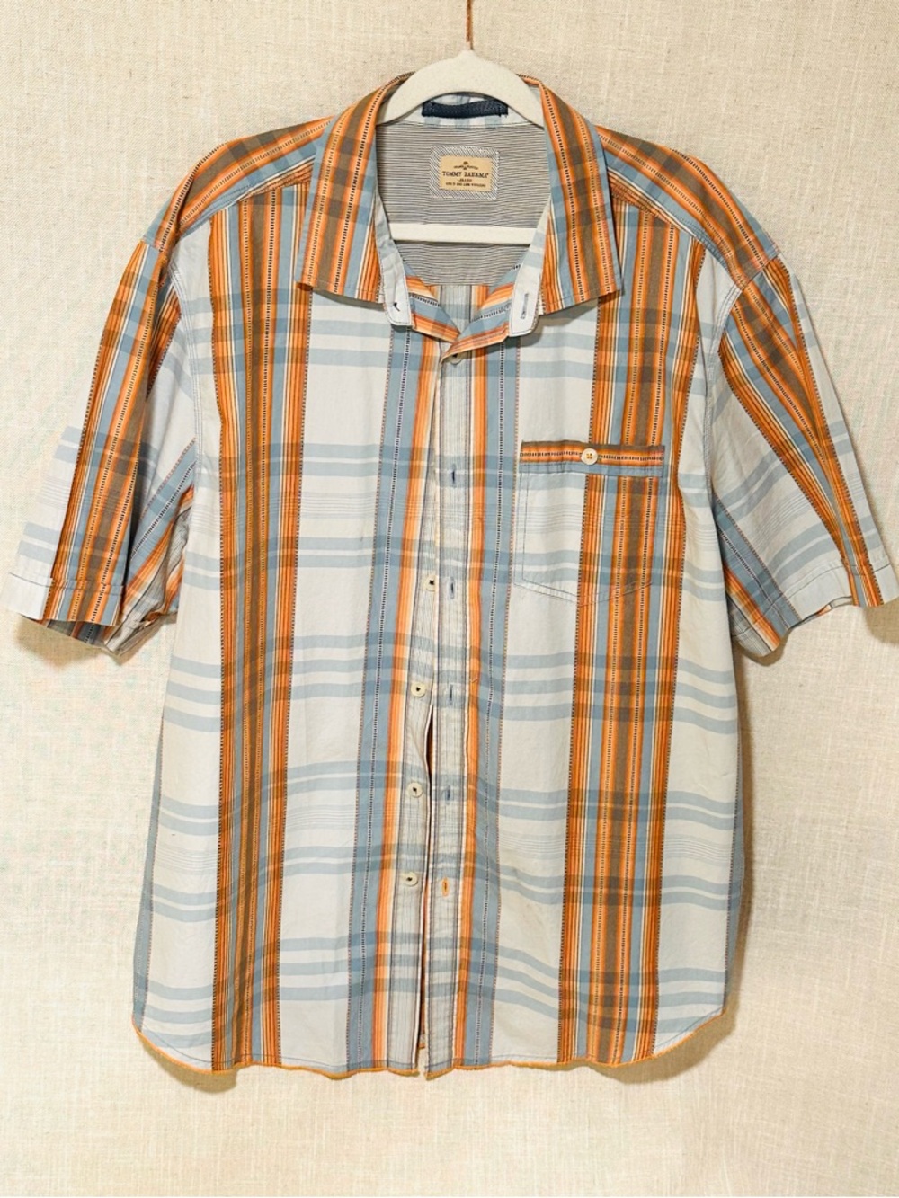 Tommy Bahama Jeans Striped Short-Sleeve Button-Down Shirt XLT Orange Blue Cotton